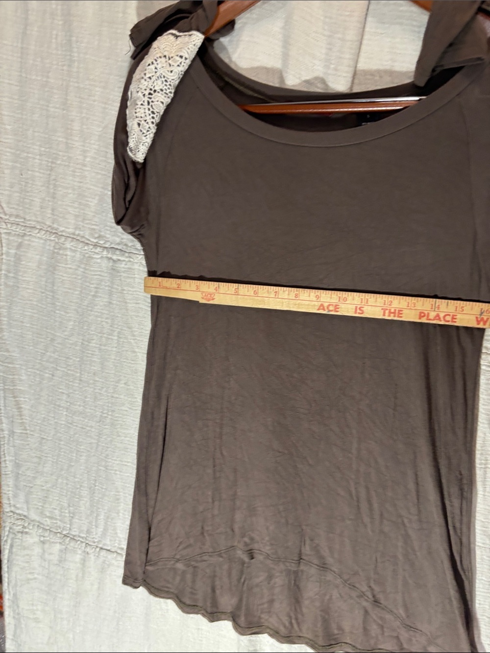 BKE Taupe Long Sleeve Scoop Neck Top with White Crochet Elbow Patches - Picture 9 of 11